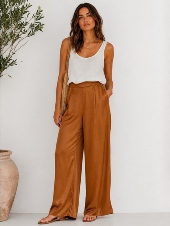 DREW Pants - DREW Pants - Satin Pants Brown/Orange - Size S